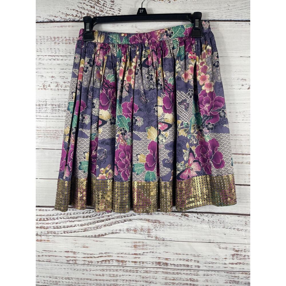 Monsoon Skirt Girls 12-14 Purple Floral Butterfly Sequin Hem Pleated Cotton